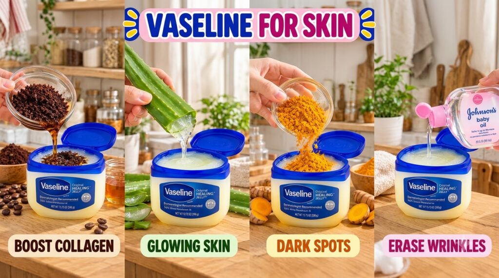 A four-panel grid showing hands mixing natural ingredients coffee grounds baby oil aloe vera gel turmeric powder into ja