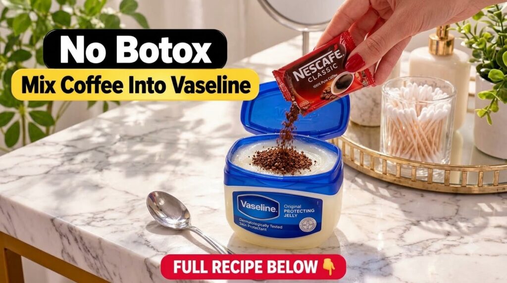 A hand pouring instant coffee granules from a red Nescafé sachet into an open tub of Vaseline Original Protecting Jelly 