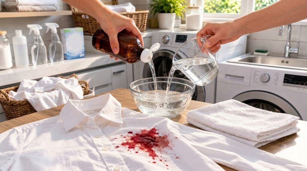 Hands pouring hydrogen peroxide from a brown bottle and cold water from a measuring cup into a glass bowl with a white s