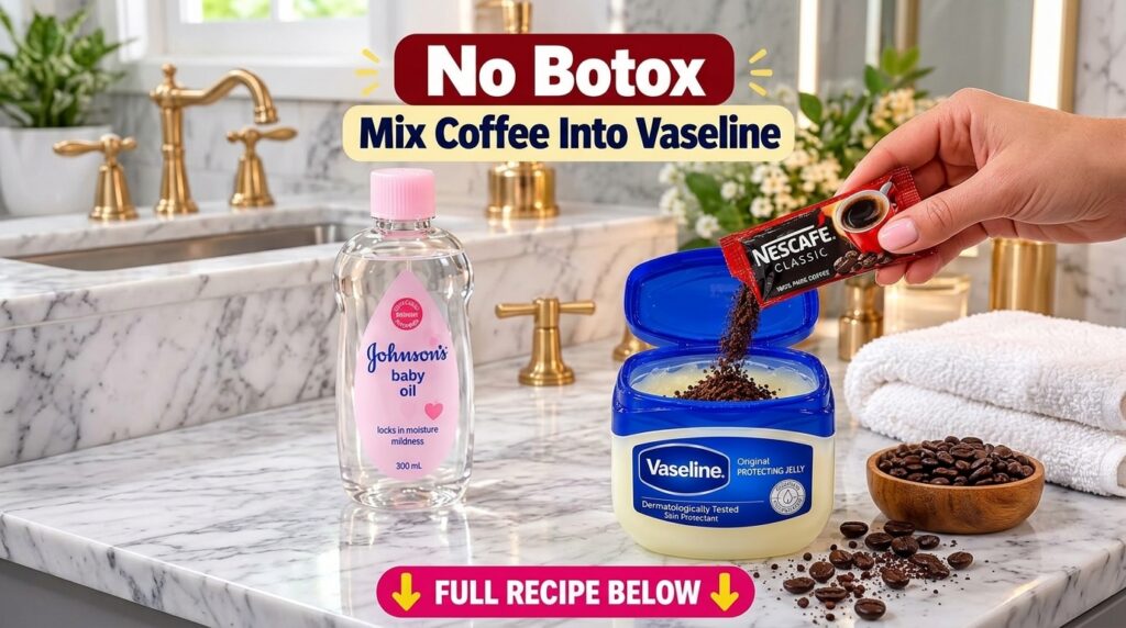 Instant coffee granules being poured into a tub of Vaseline with a bottle of baby oil nearby on a marble surface with sc