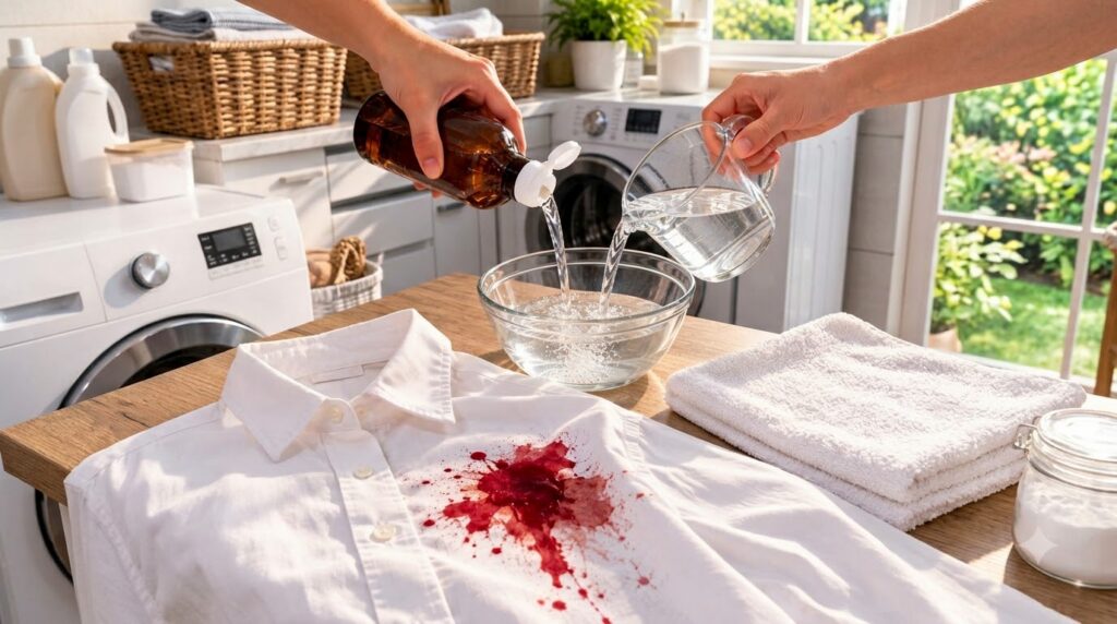 Hands pouring hydrogen peroxide from a brown bottle and cold water from a measuring cup into a glass bowl with a white s