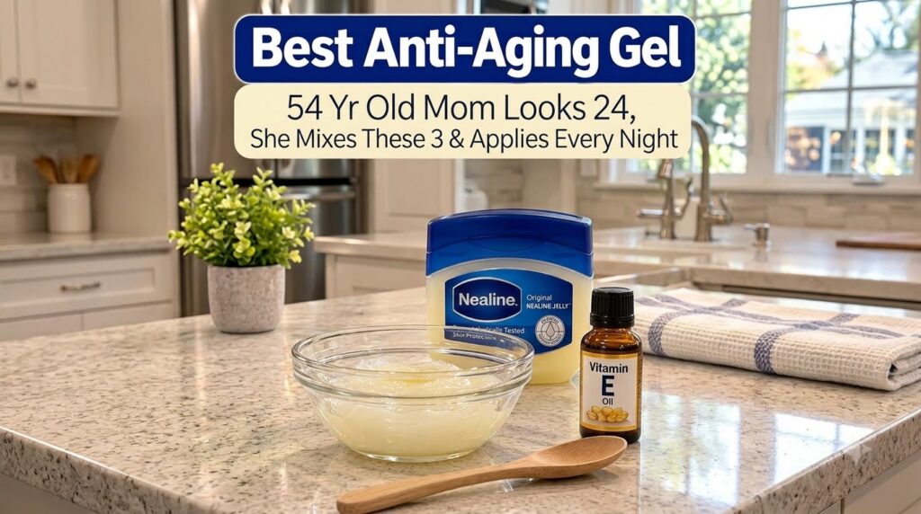 A DIY beauty setup on a granite kitchen countertop featuring a jar of Vaseline Original Healing Jelly a glass bowl with 