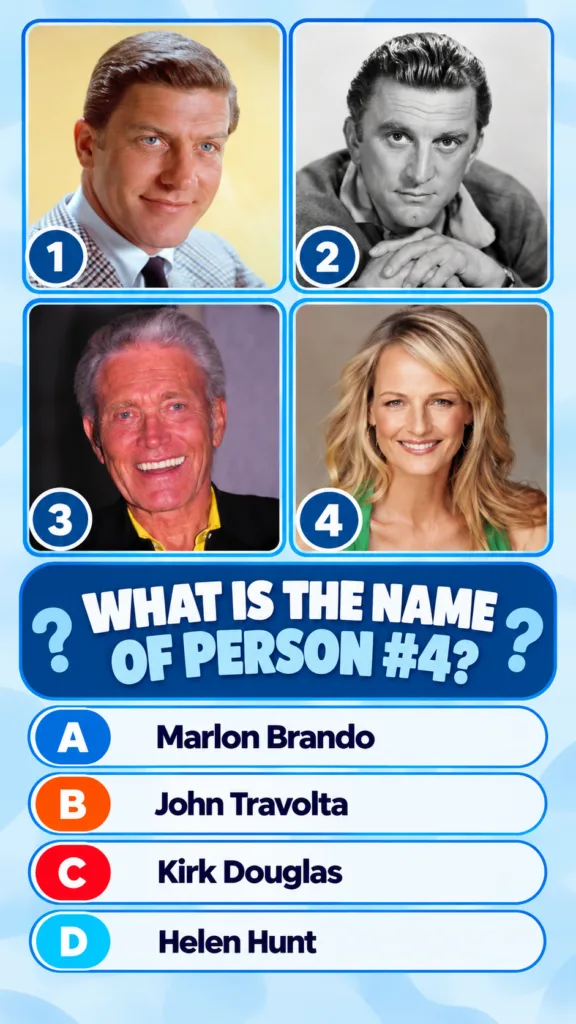 A multiple-choice quiz interface with four celebrity headshots where the headshot of Helen Hunt is clearly visible and h