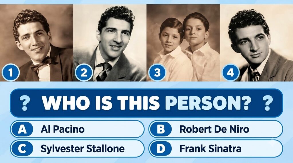 A vintage-style multiple-choice quiz image featuring four portraits of a young James Dean and the question WHO IS THIS P