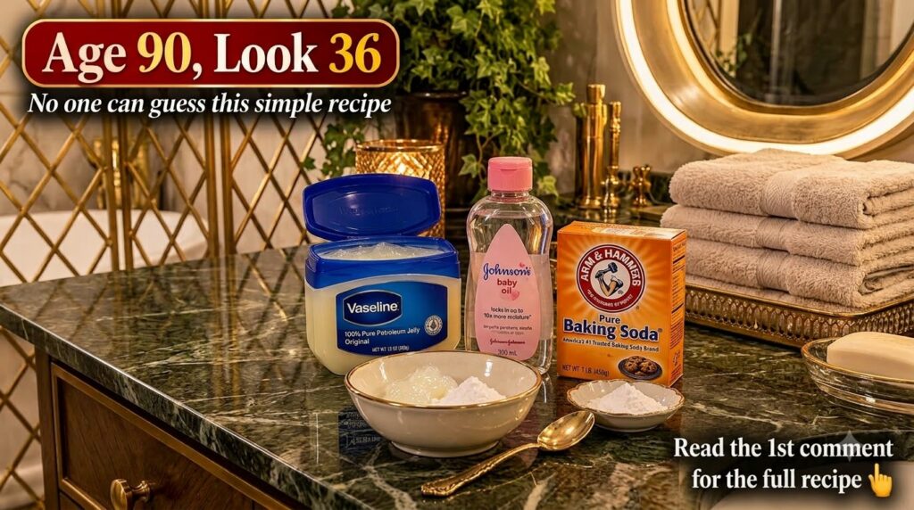 A flat lay of common household items for DIY beauty on a green marble counter including a tub of Vaseline a bottle of ba