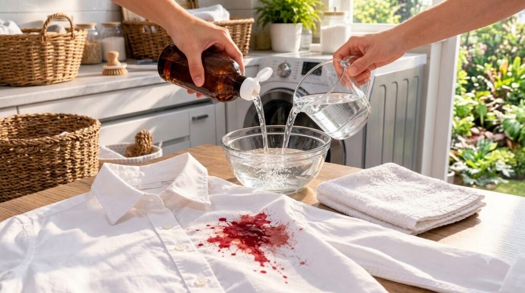 Hands pouring hydrogen peroxide from a brown bottle and cold water from a measuring cup into a glass bowl with a white s