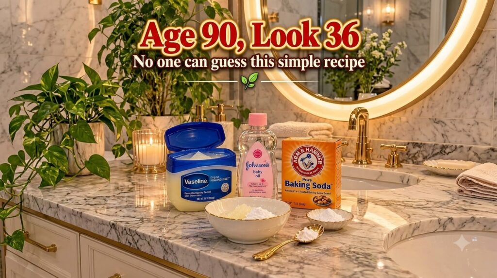 A flat lay of Vaseline Johnson s baby oil and Arm Hammer baking soda on a marble countertop with bowls of mixtures a lit