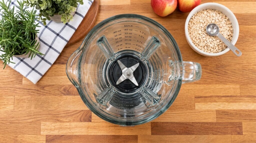 An empty glass blender jar on a wooden countertop with fresh red apples a bowl of puffed cereal and a small green plant