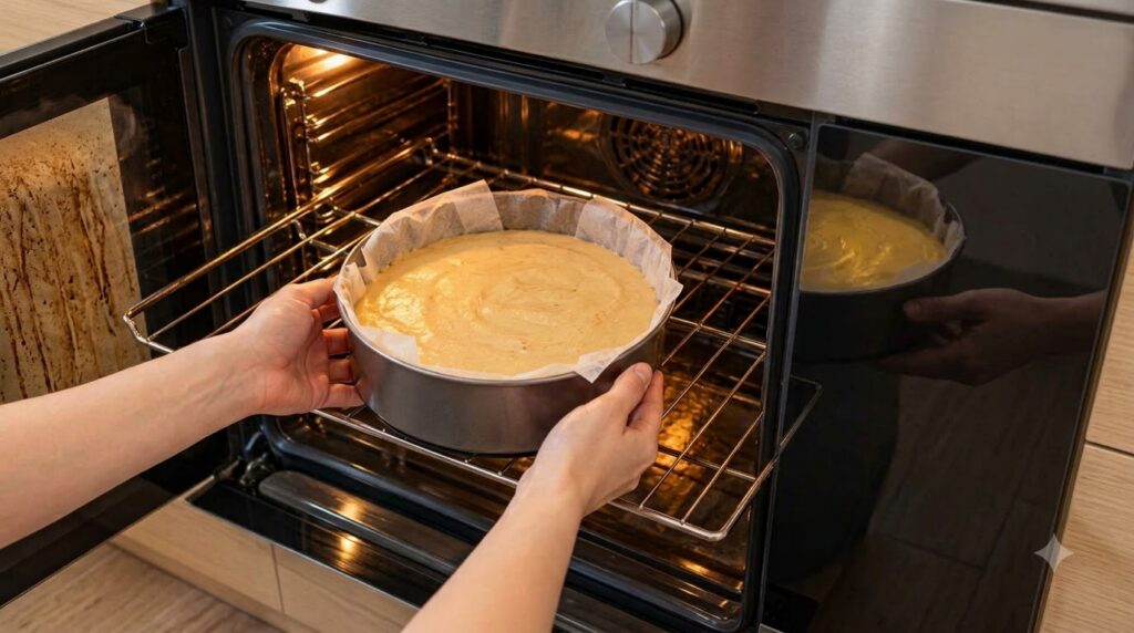 Hands carefully placing a round cake tin filled with uncooked batter and lined with parchment paper into a brightly lit 