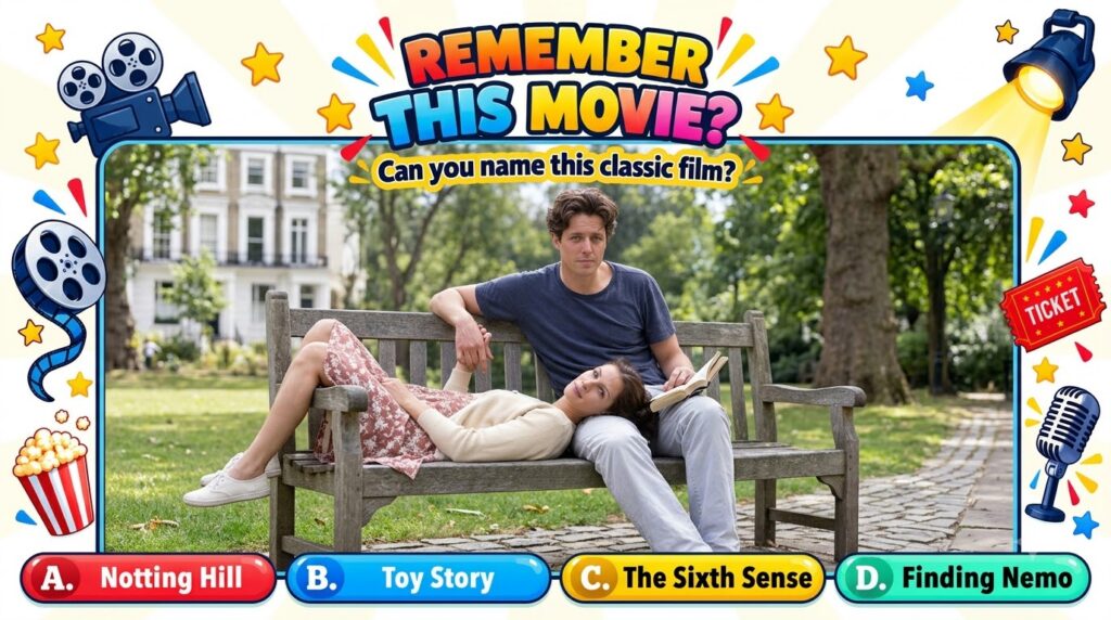 A romantic scene from Notting Hill featuring Hugh Grant and Julia Roberts on a park bench with Julia Roberts character r