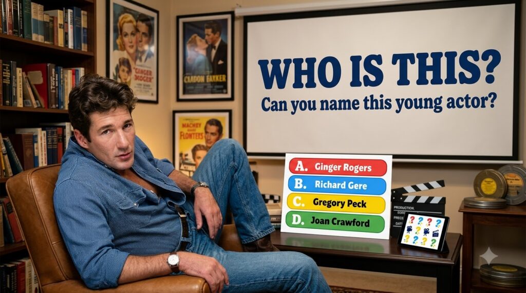 A vibrant and graphic WHO IS THIS quiz poster featuring a headshot of a young Richard Gere leaning back in a striped shi