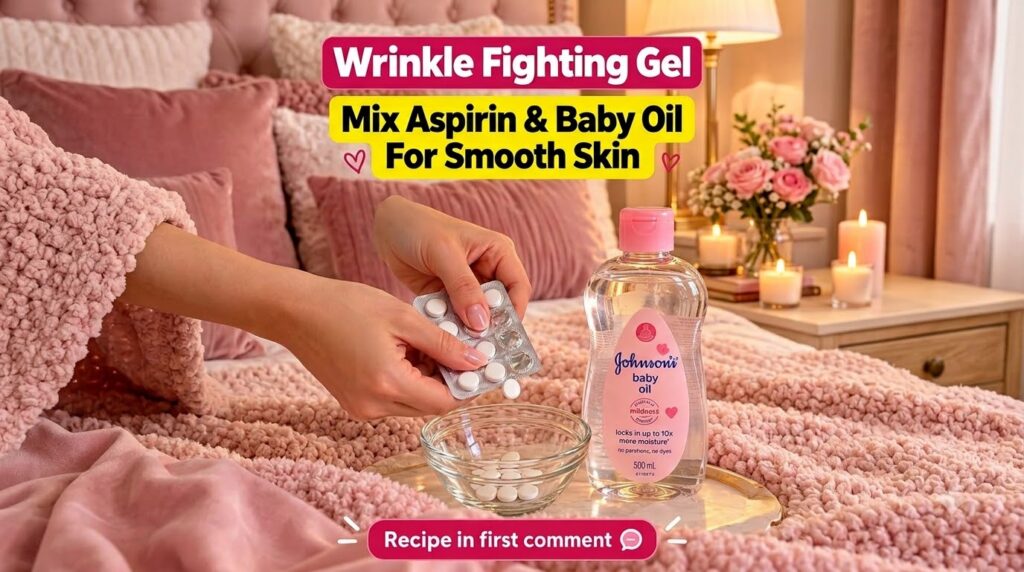 A person s hands dispensing aspirin tablets into a small glass bowl next to a large bottle of Johnson s baby oil in a co