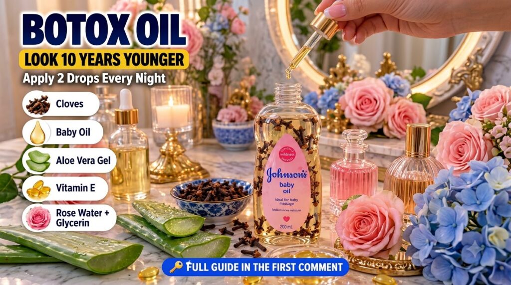 A hand dripping vitamin E oil into a bottle of Johnson s baby oil infused with cloves surrounded by raw cloves and aloe 