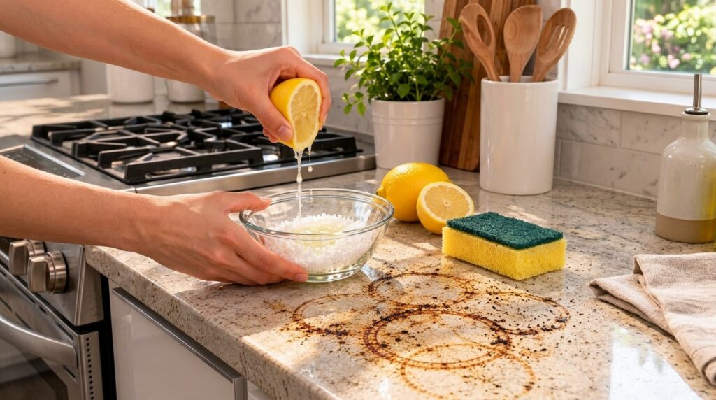A person s hands squeezing a fresh lemon with juice dripping into a clear glass bowl containing a white granular substan