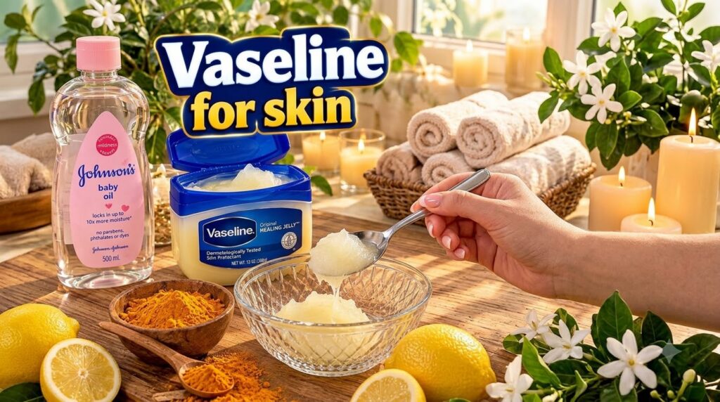 An open tub of Vaseline a bottle of Johnson s Baby Oil turmeric powder fresh lemons and a homemade scrub in a glass bowl