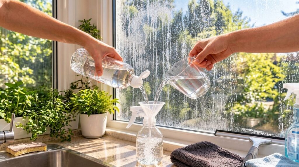 Hands pouring white vinegar and water through a funnel into a clear spray bottle on a kitchen counter