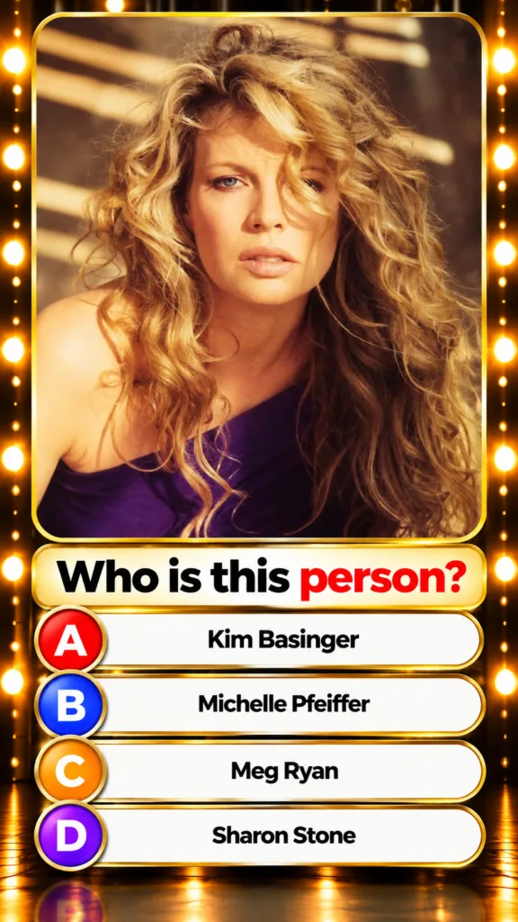 A quiz image featuring a glamorous portrait of actress Kim Basinger in a gold frame with her name as one of the answer o