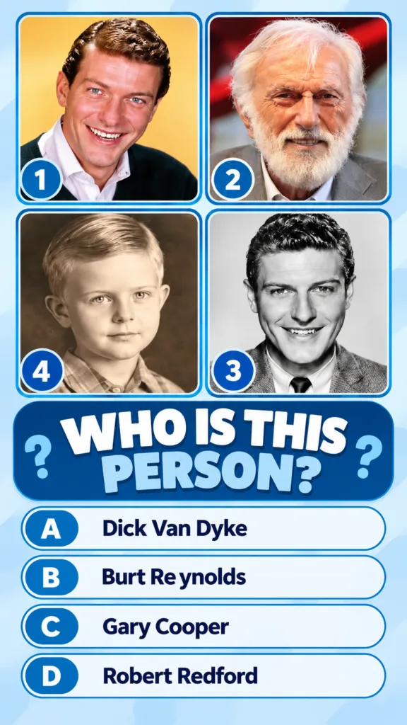 A multiple-choice quiz image titled WHO IS THIS PERSON showing four framed portraits of Kirk Douglas at different ages c