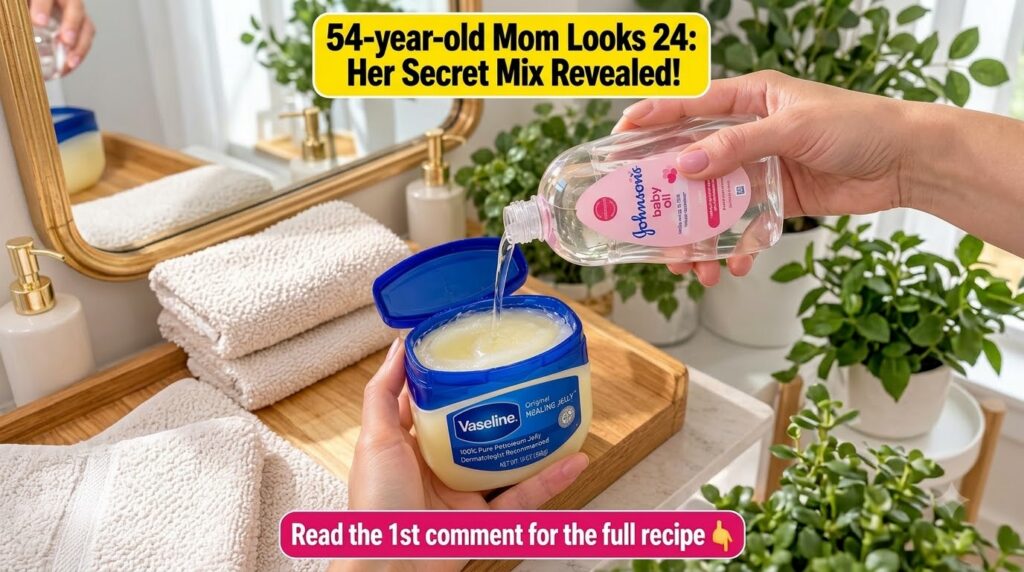Hands pouring Johnson s baby oil from its bottle into a tub of Vaseline Healing Jelly on a wooden surface in a blurred b