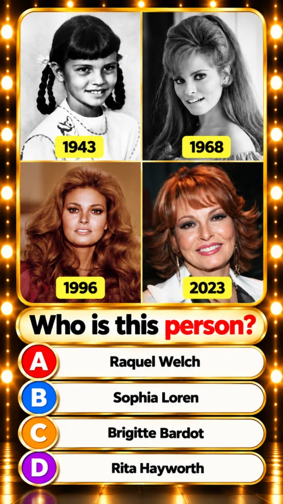 A 2x2 grid of Raquel Welch photos top-left young child 1943 top-right glamorous 1968 bottom-left voluminous hair 1996 bo