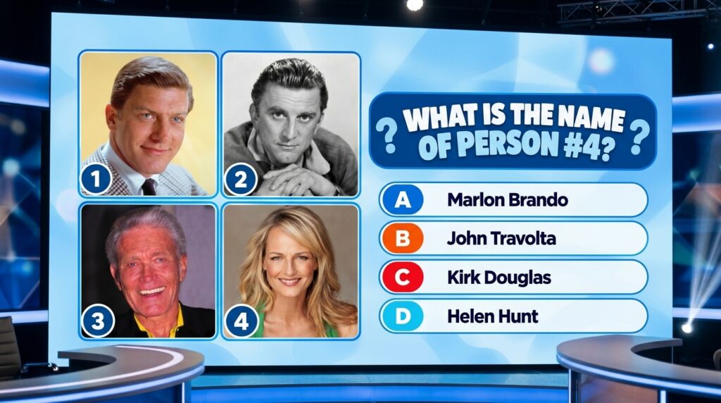 A multiple-choice quiz image with four headshots of classic male Hollywood actors numbered 1-4 The question Who is Perso