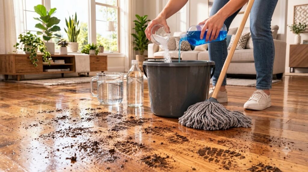Hands pouring blue dish soap and white salt granules into a bucket of water with muddy footprints on a wooden floor in t