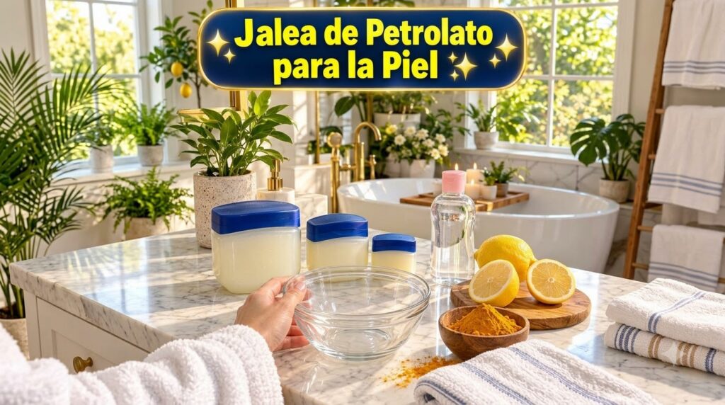 Ingredients for a DIY face mask petroleum jelly jars fresh lemons and turmeric powder in a wooden bowl on a marble count