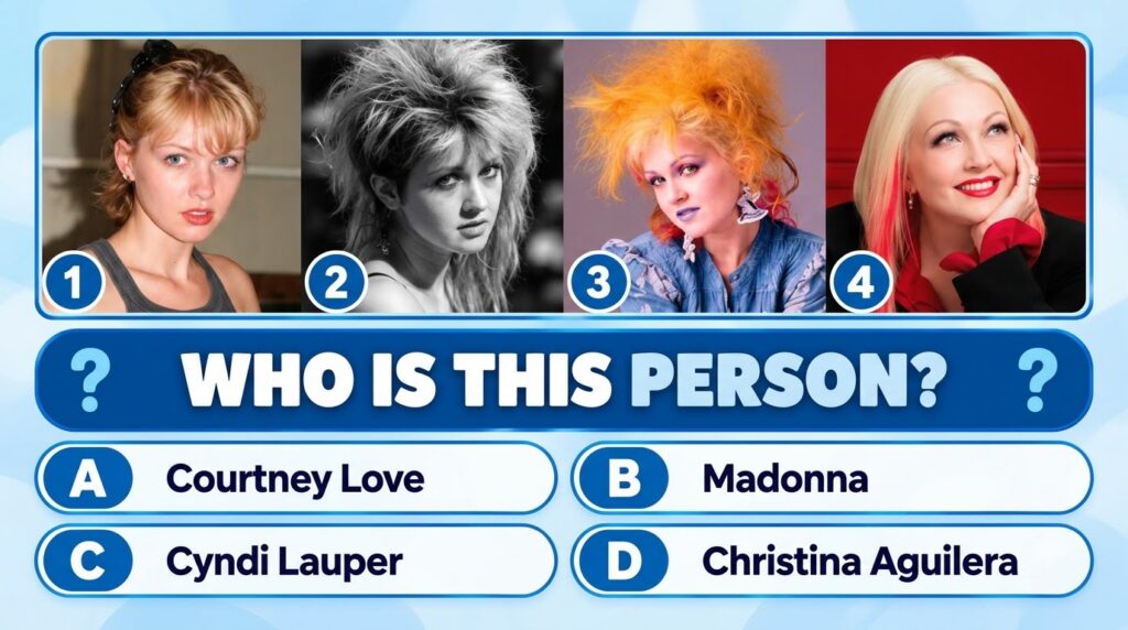 A mobile quiz interface featuring four distinct portraits of Cyndi Lauper at different stages of her career arranged in 