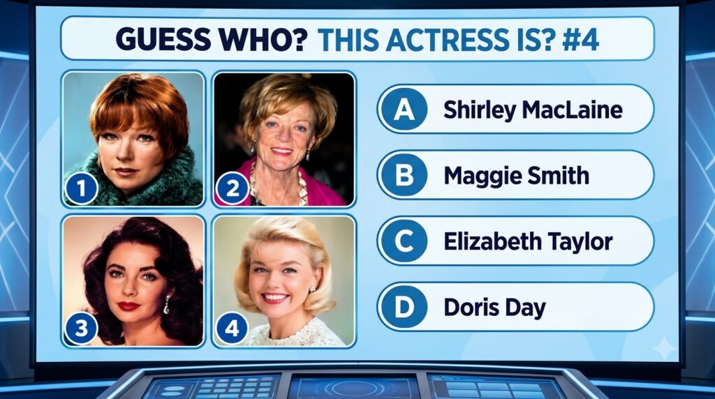A multi-choice quiz image showing four classic Hollywood actresses in a grid with the question GUESS WHO THIS ACTRESS IS