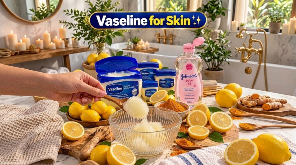 A close-up of a hand scooping a homemade exfoliating scrub made with Vaseline lemons and turmeric into a glass bowl Arou