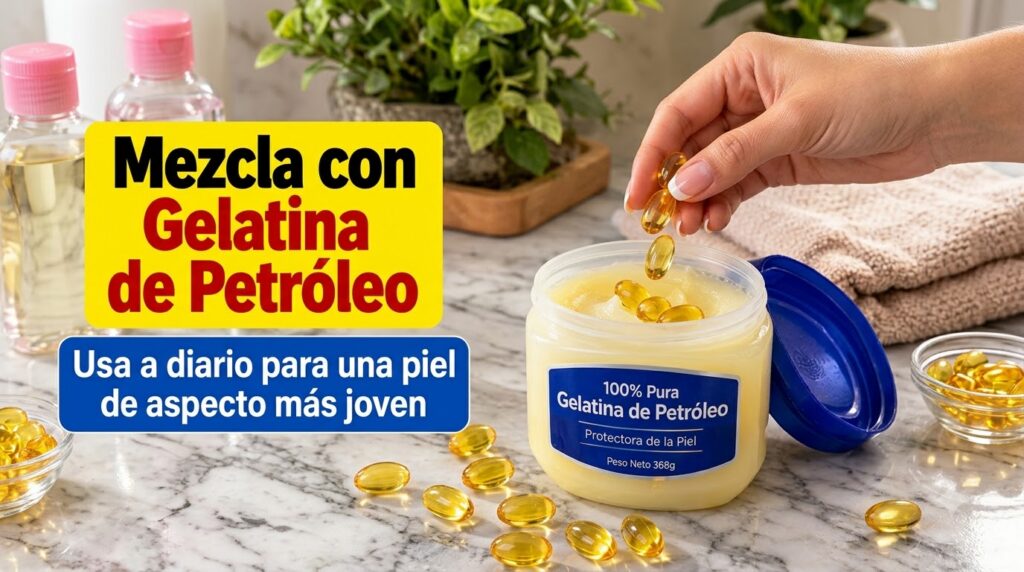 A close-up of a person s hand dropping golden vitamin E capsules into an open jar of Vaseline Original Healing Jelly on 