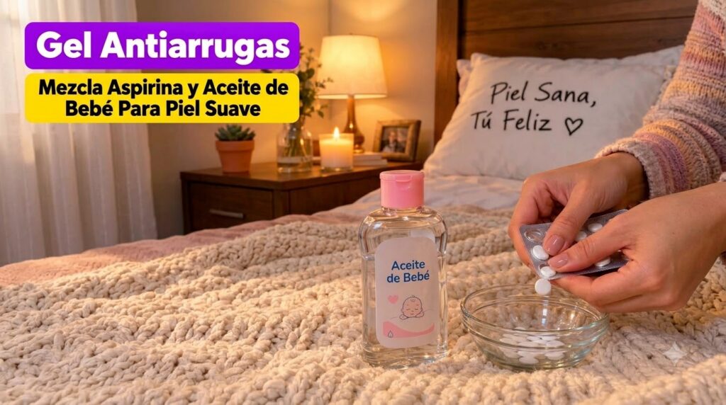Hands pressing aspirin pills into a glass bowl next to a bottle of baby oil on a knitted blanket with a Good Skin Happy