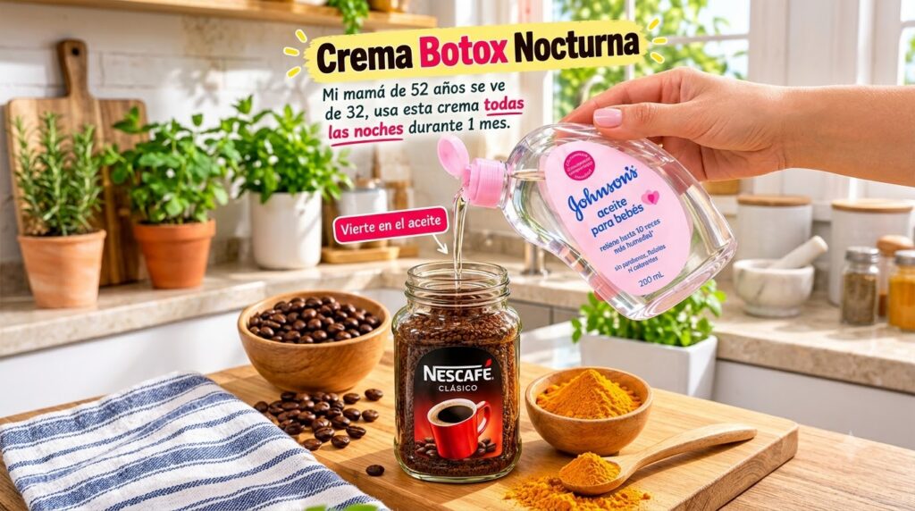 A hand pouring baby oil into a jar of instant coffee on a wooden cutting board with bowls of coffee beans and turmeric p