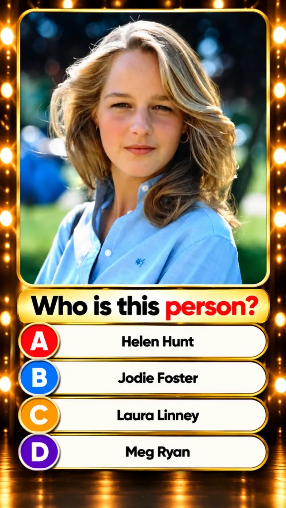A youthful Helen Hunt in a rounded golden light-bulb adorned frame as seen in the quiz image