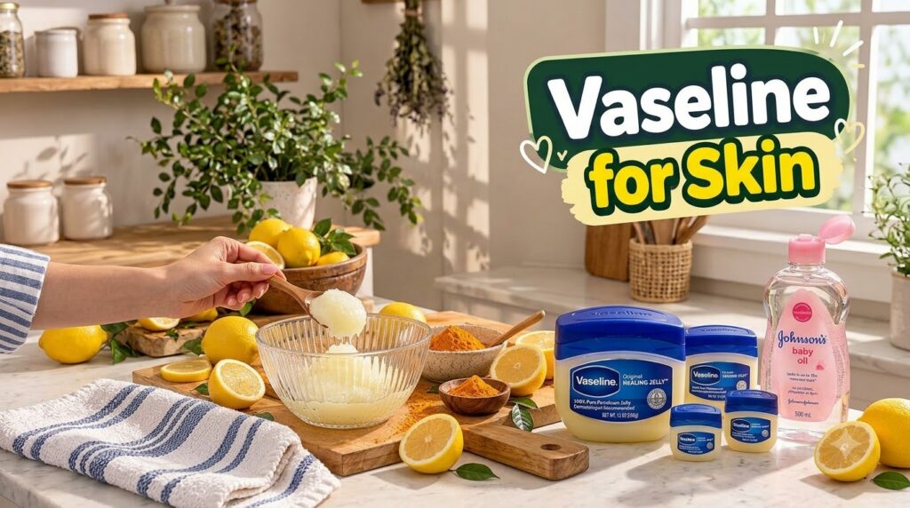 A hand mixing a DIY scrub in a glass bowl surrounded by various Vaseline tubs a bottle of Johnson s baby oil fresh lemon