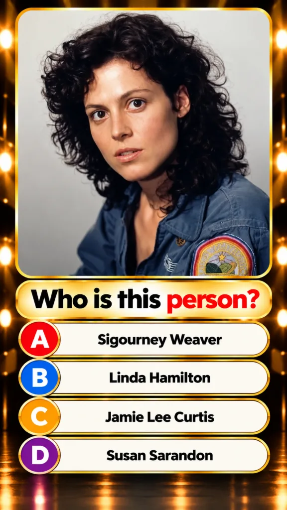 A quiz graphic showing a young Sigourney Weaver portrait with the question Who is this person and four answer options Si