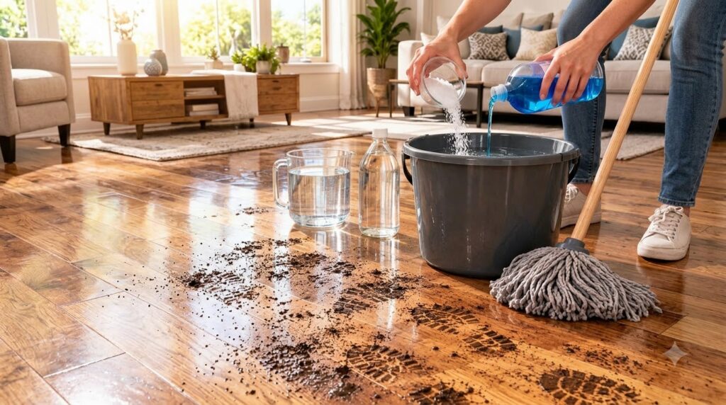 Hands pouring blue dish soap and white salt into a bucket of water A mop head is nearby and muddy footprints are visible