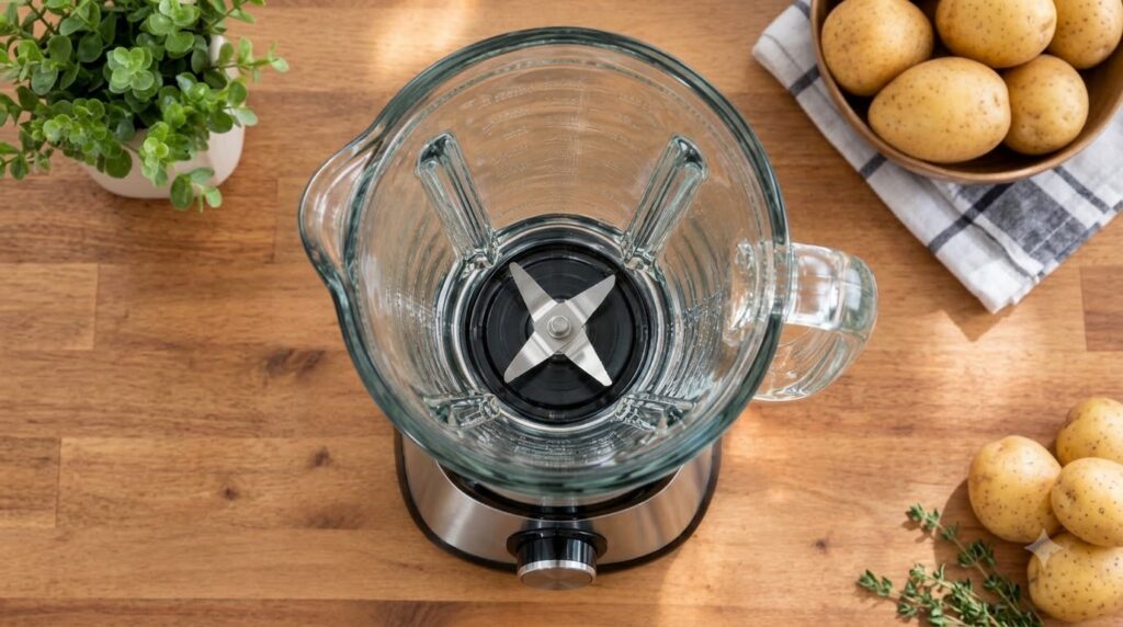 Fresh spinach banana apple and ginger laid out on a cutting board next to a blender ready to be prepared for a smoothie