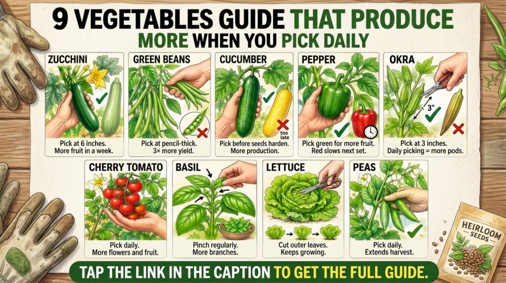 An infographic titled 9 Vegetables Guide That Produce More When You Pick Daily It features a 3x3 grid of nine different