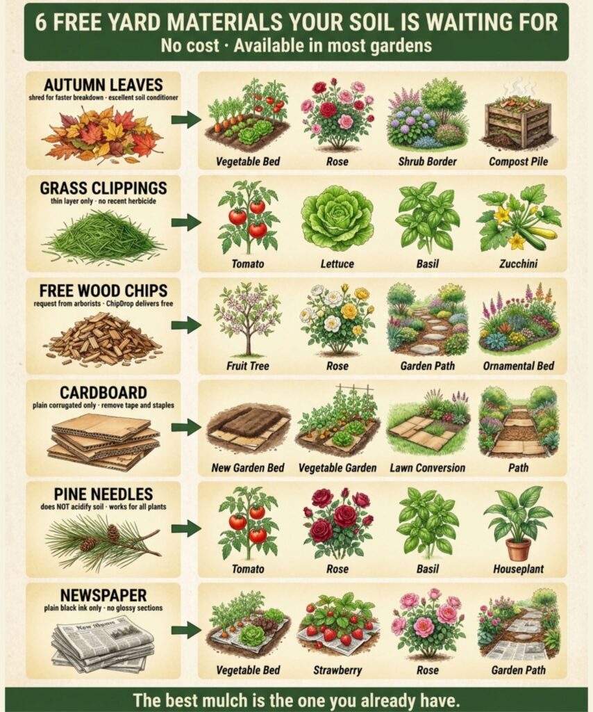 An infographic showing 6 free yard materials autumn leaves grass clippings free wood chips cardboard pine needles and ne