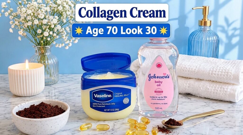 A still life composition featuring an open jar of Vaseline Petroleum Jelly and a bottle of Johnson s Baby Oil on a marbl