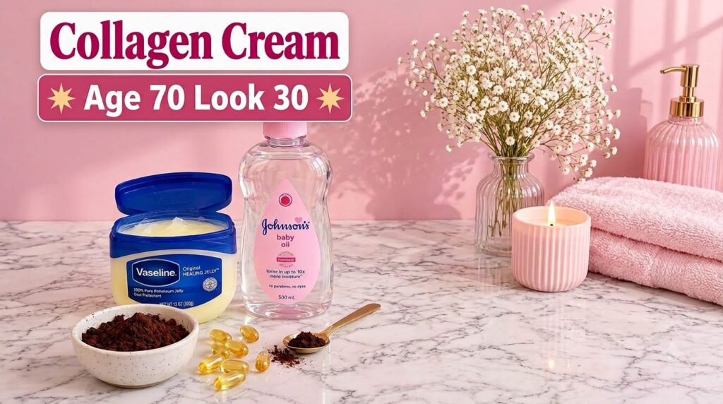 A flat lay composition showing an open jar of Vaseline a bottle of Johnson s Baby Oil golden vitamin E capsules and a sm