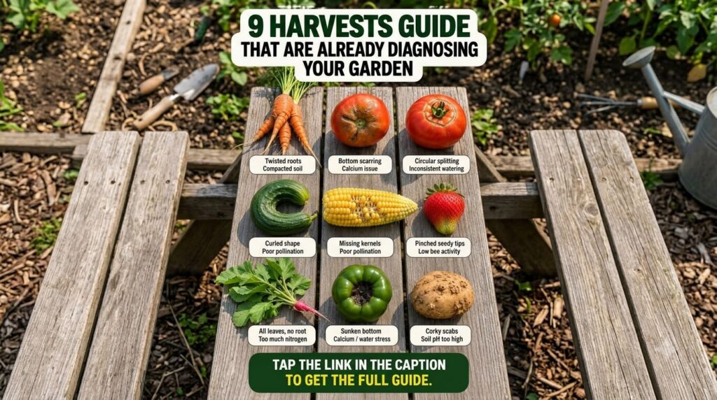 A visual guide displaying various common garden vegetables with specific imperfections such as cracked tomatoes forked c