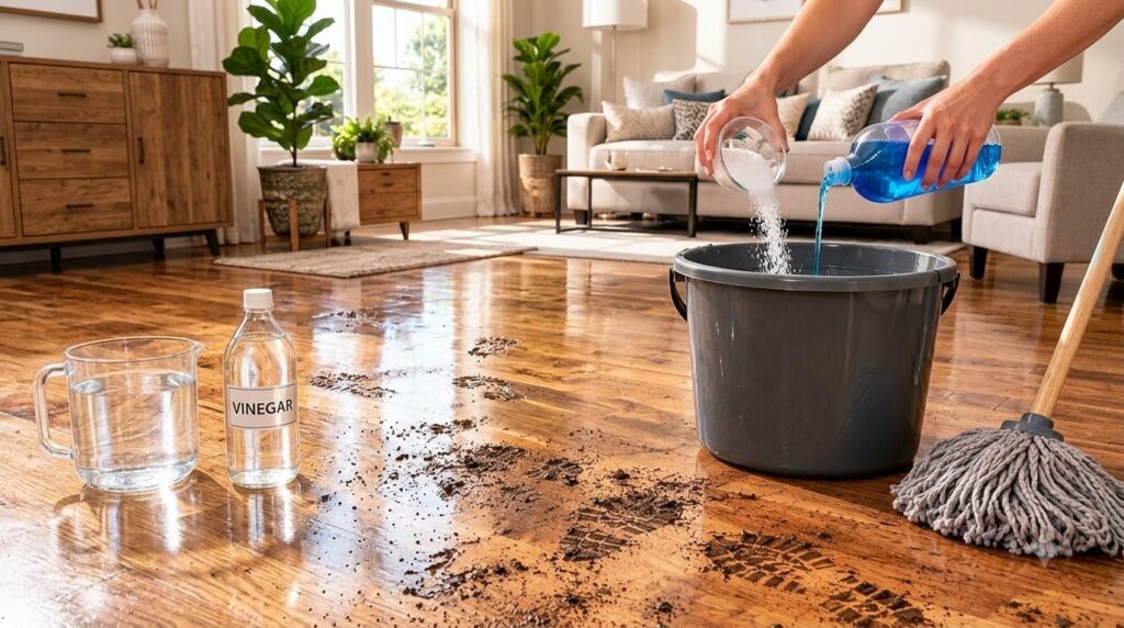 Hands pouring white granular substance and blue liquid into a bucket of water with a mop head nearby and muddy footprint