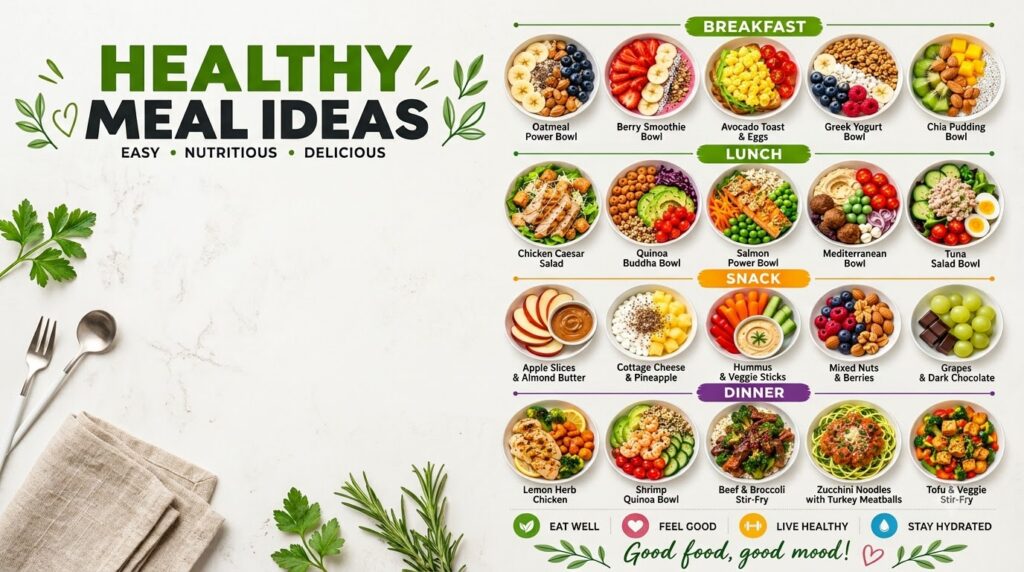 An infographic showing HEALTHY MEAL IDEAS categorized into Breakfast Lunch Snack and Dinner It features a grid of multip