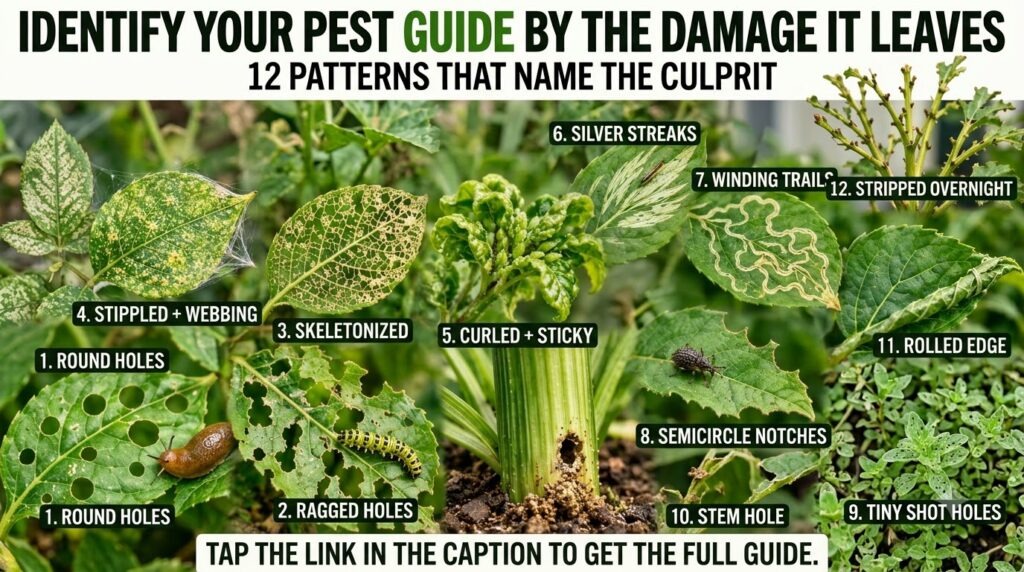 A detailed infographic illustrating 12 different types of plant damage caused by common garden pests each panel showing 
