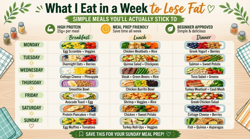A structured infographic outlining a What I Eat in a Week meal plan featuring a grid of meals organized by day Monday-Su