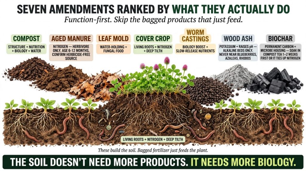 An infographic showing seven different soil amendments Compost Aged Manure Leaf Mold Worm Castings Cover Crop Wood Ash a