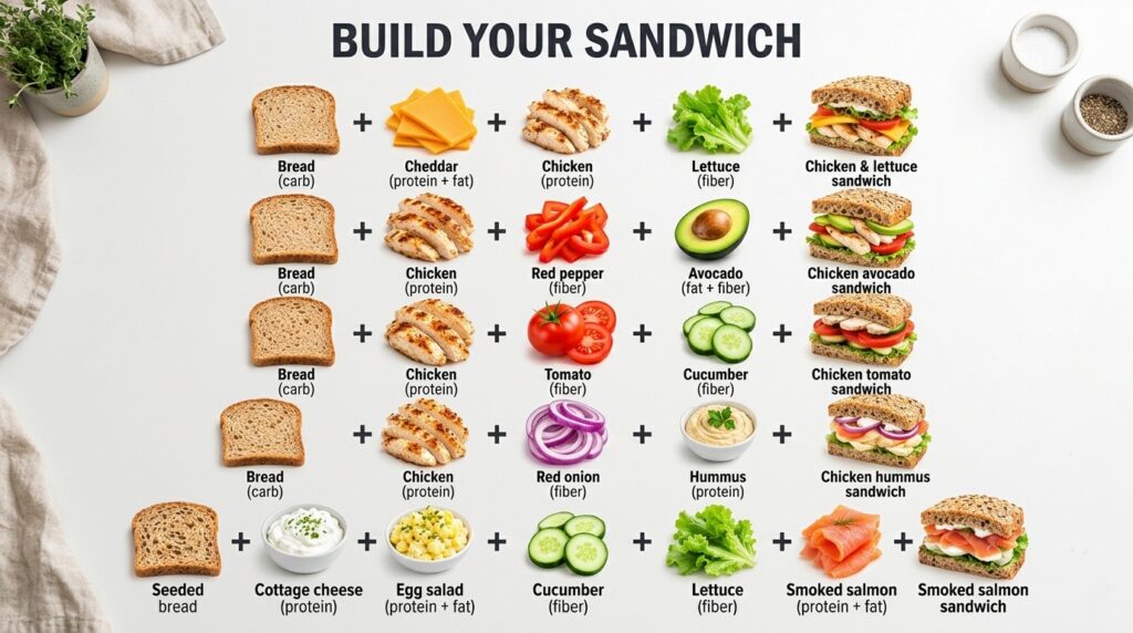 An infographic titled BUILD YOUR SANDWICH with a grid of various sandwich ingredients including bread proteins like gril