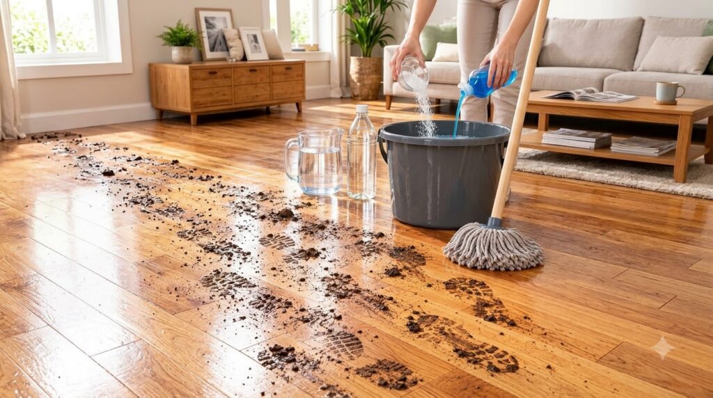 A close-up of a hardwood floor with muddy footprints and dirt while hands pour white granular substance and blue liquid 